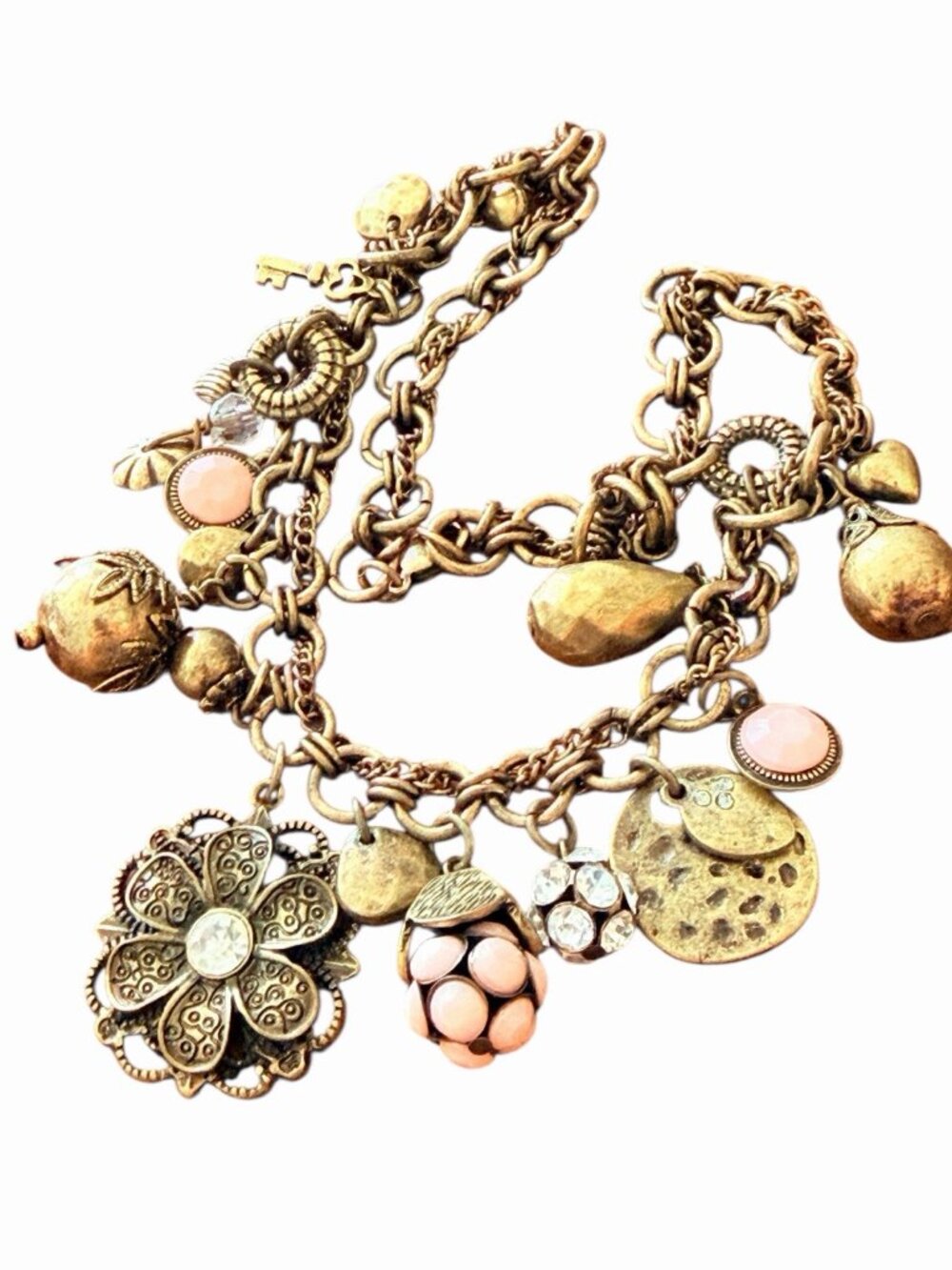 Vintage Boho Charm Necklace Multi Dangles Gold Tone Pink Cabochon & Crystals 15”